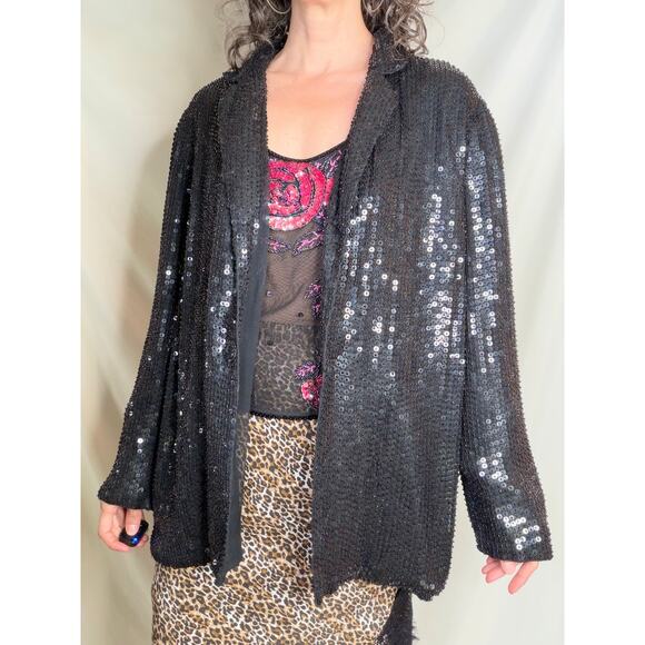 Vintage 80s 90s beaded sequin jacket sequined black formal evening silk L - Picture 10 of 13
